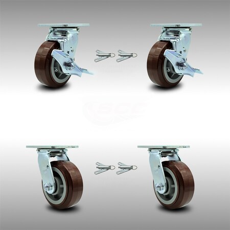 Service Caster 5 Inch SS Polyurethane Caster Set with Ball Bearings 4 Swivel Lock 2 Brake SCC SCC-SS30S520-PPUB-TLB-BSL-2-BSL-2